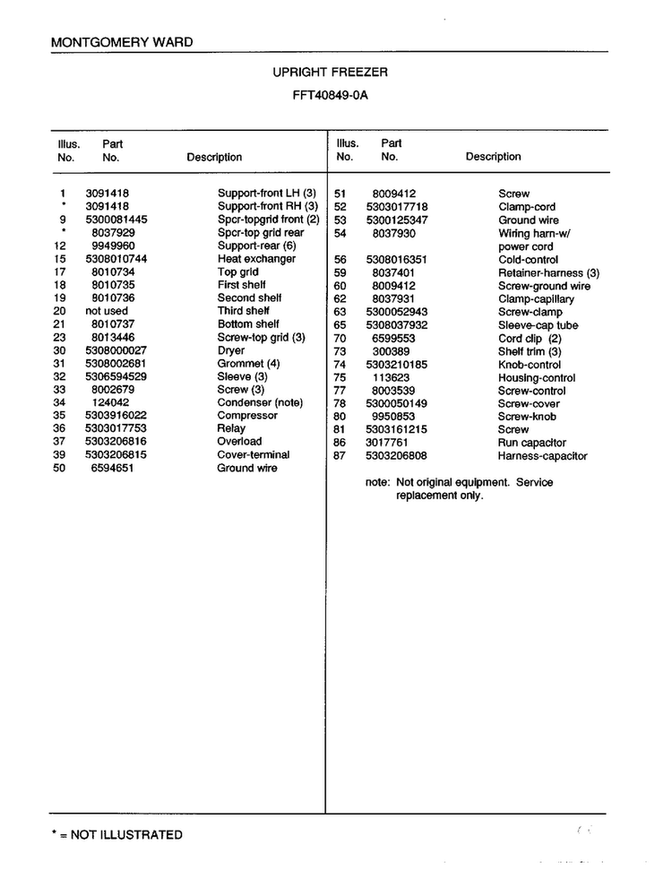 Upright Freezer Page 6 Diagram and Parts List for 40849A  Frigidaire Freezer