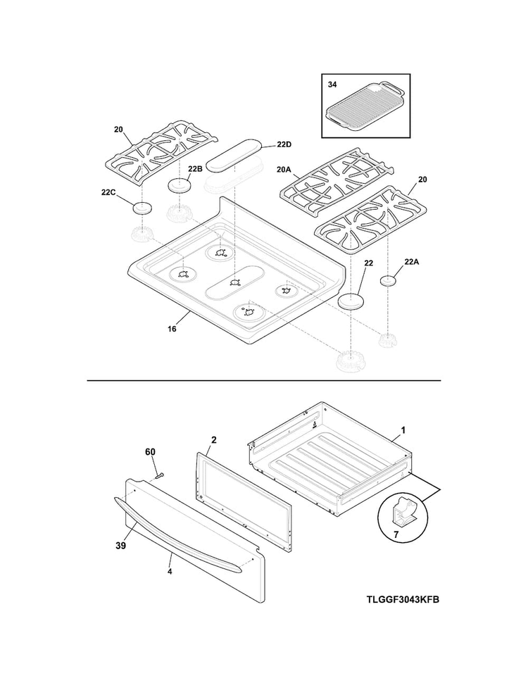Top/drawer Diagram and Parts List for BGGF3045RFA  Frigidaire Range