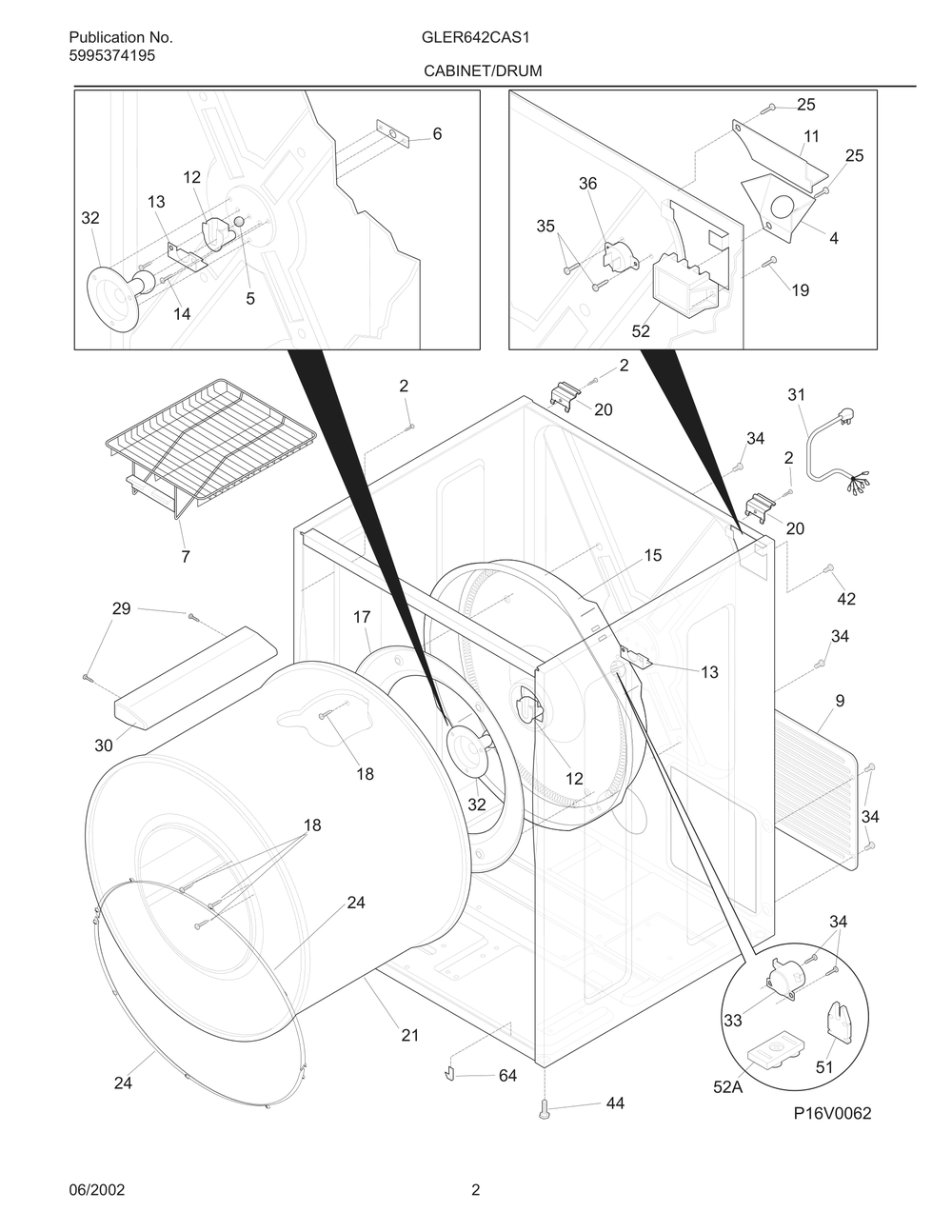Cabinet/Drum Diagram and Parts List for GLER642CAS1  Frigidaire Dryer