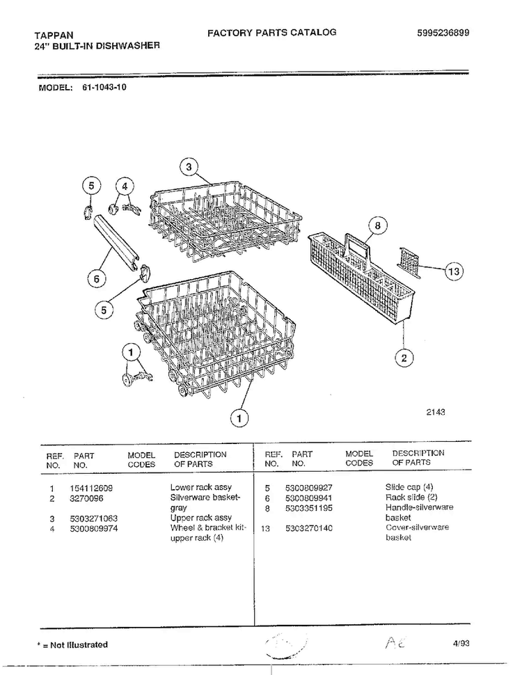 Lower/upper Rack Assy Diagram and Parts List for 61-1043-10  Frigidaire Dishwasher