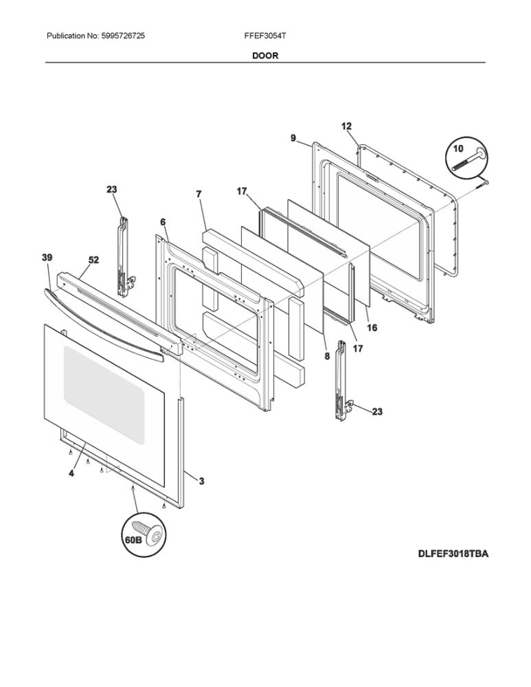 Door Diagram and Parts List for FFEF3054TWP  Frigidaire Range