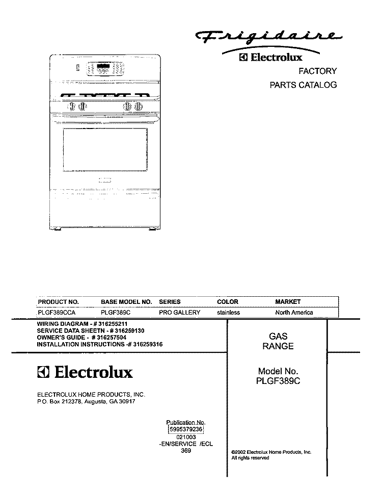 COVER Diagram and Parts List for PLGF389CCA  Frigidaire Range