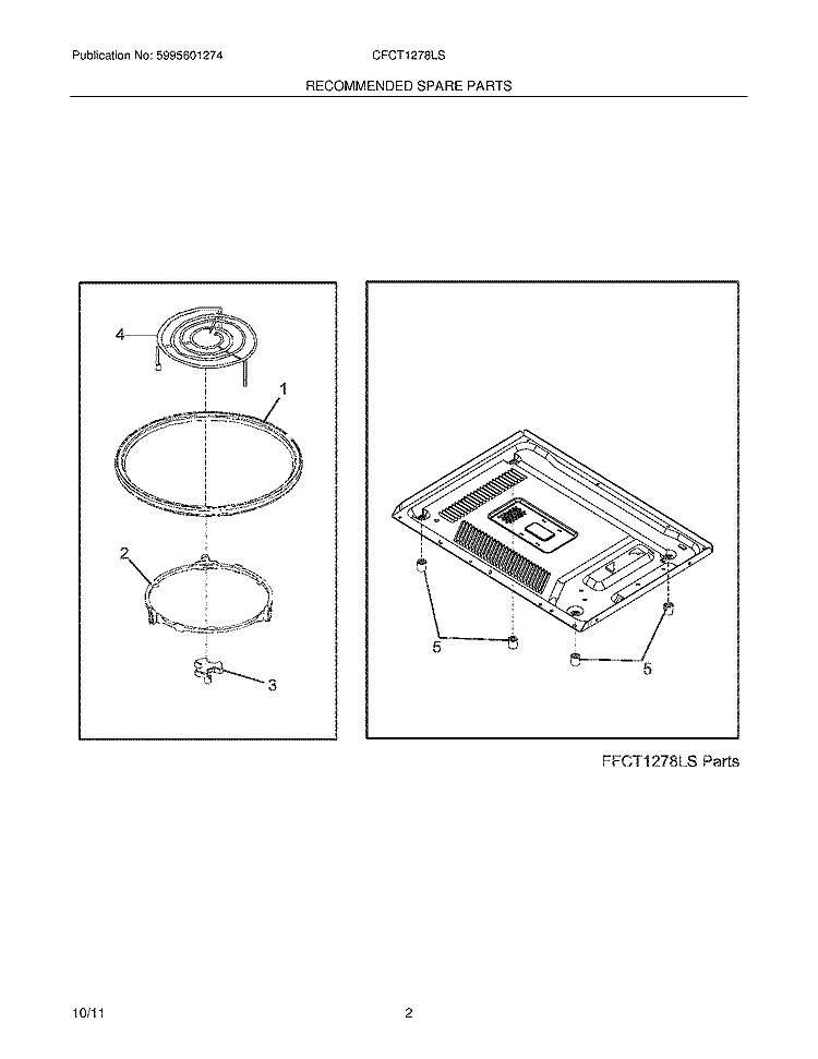 RECOMMENDED SPARE PARTS Diagram and Parts List for CFCT1278LS  Frigidaire Microwave