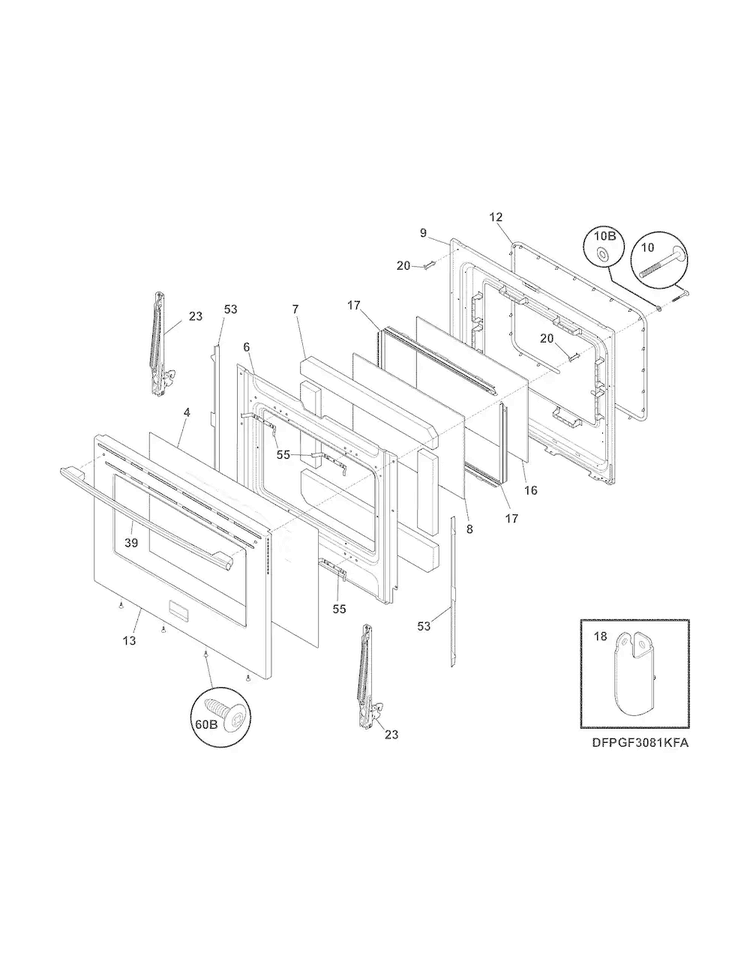 Door Diagram and Parts List for FPGF3081KFP  Frigidaire Range