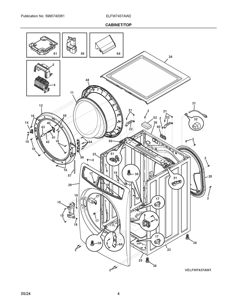 Cabinet/Top Diagram and Parts List for ELFW7437AW2  Frigidaire Washer