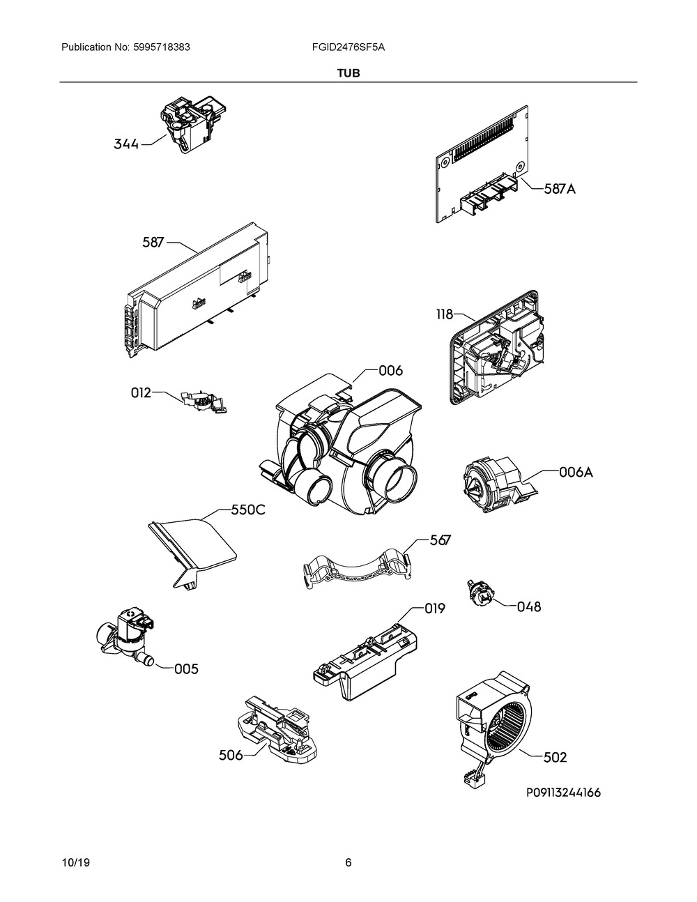 Tub Diagram and Parts List for FGID2476SF5A  Frigidaire Dishwasher