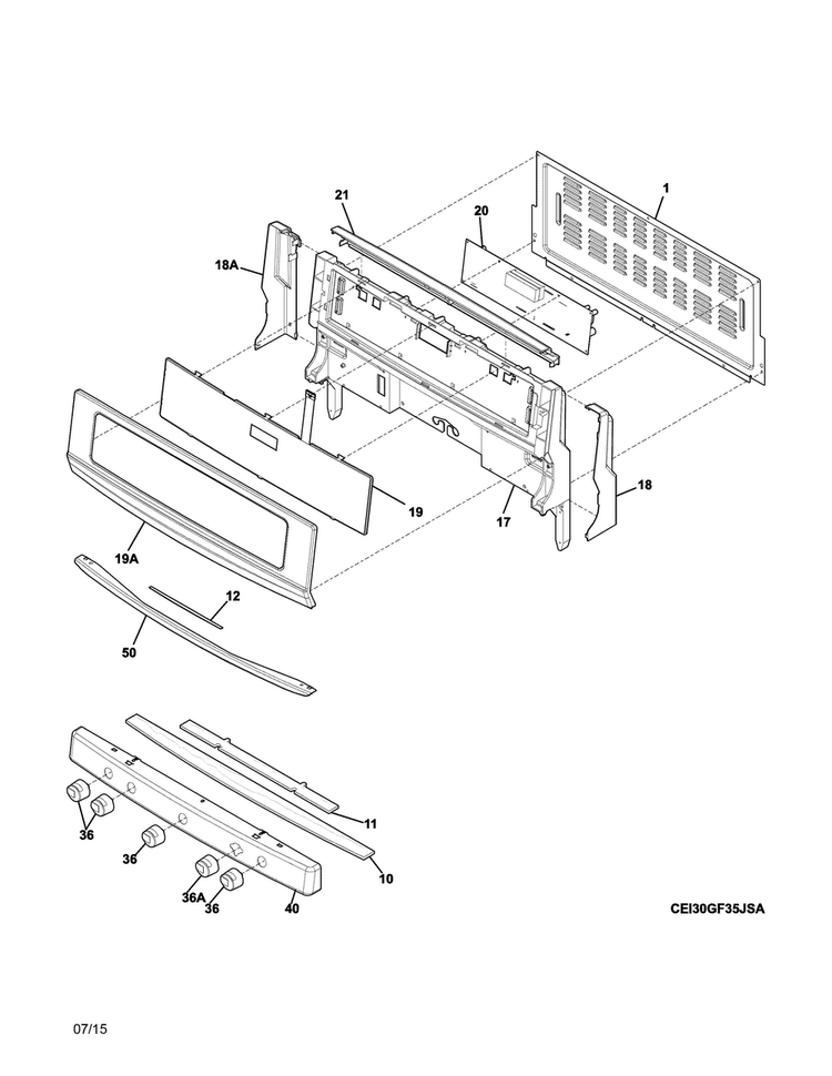 Backguard Diagram and Parts List for EI30GF35JSB  Electrolux Range