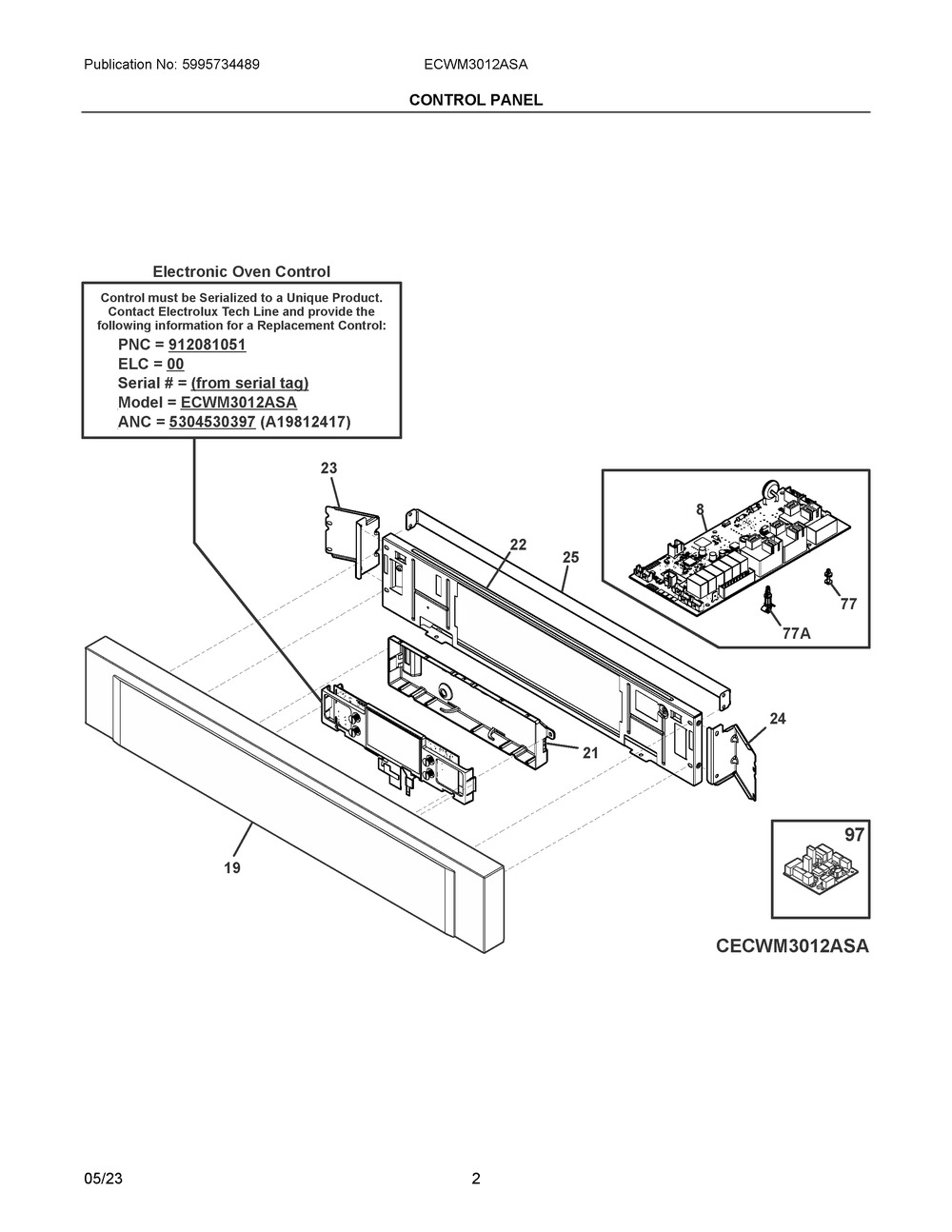 Control Panel Diagram and Parts List for ECWM3012ASA  Frigidaire Microwave Oven Combo
