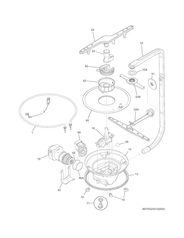 Motor & Pump Diagram and Parts List for FFID2423RS0A  Frigidaire Dishwasher