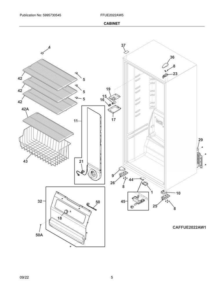 Cabinet Diagram and Parts List for FFUE2022AW5  Frigidaire Freezer