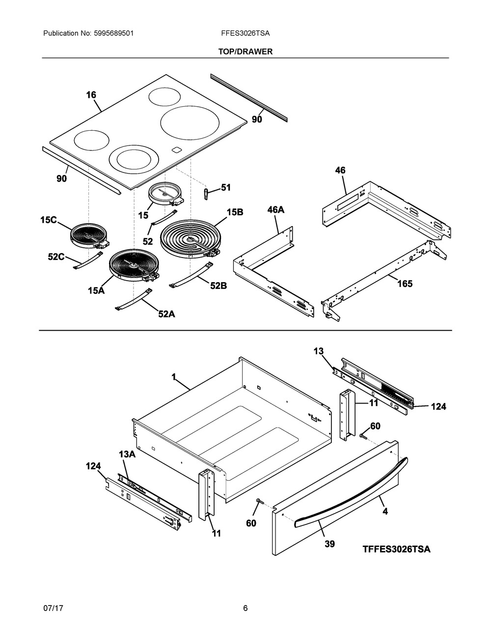 Top/drawer Diagram and Parts List for FFES3026TSA  Frigidaire Range