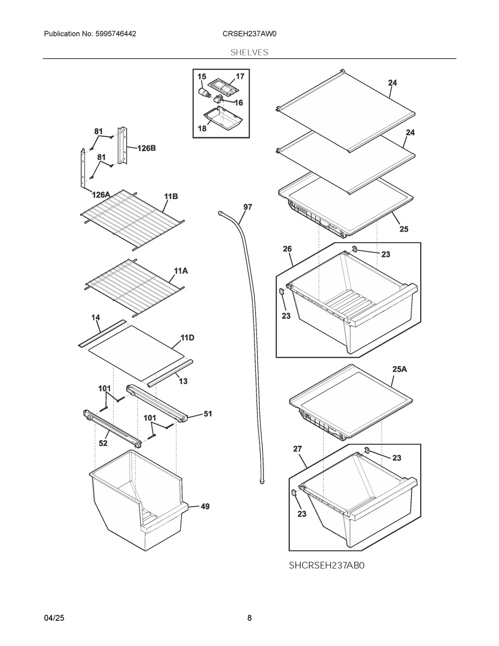 Shelves Diagram and Parts List for CRSEH237AW0  Frigidaire Refrigerator