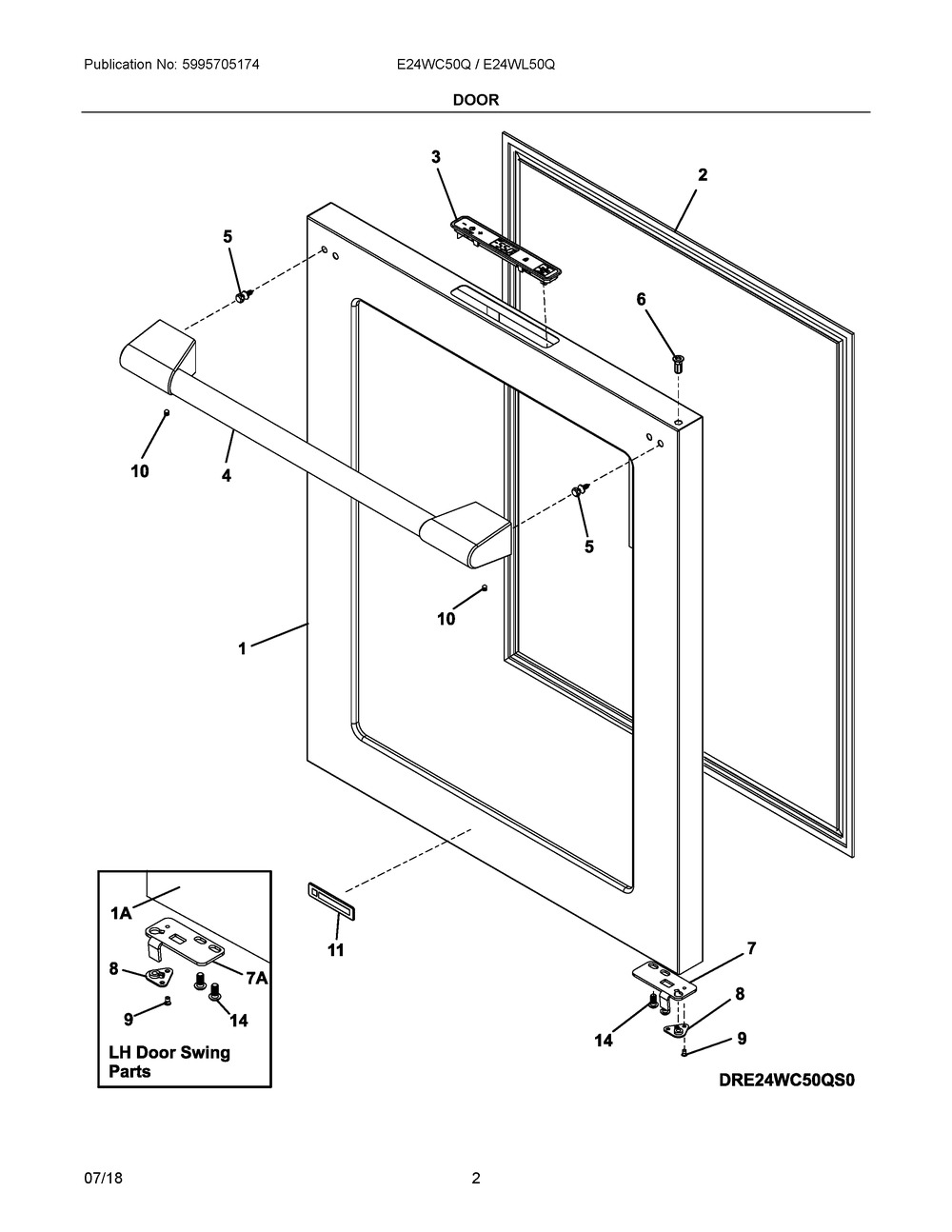 Door Diagram and Parts List for E24WC50QS1  Frigidaire Wine and Beverage Cooler