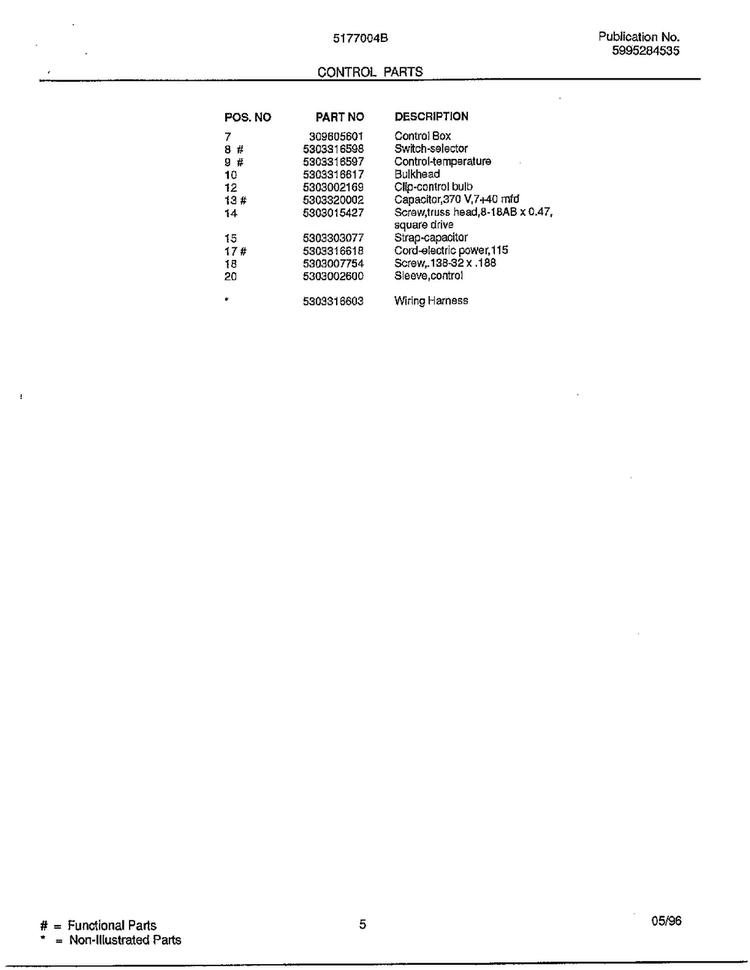 Control Parts Page 2 Diagram and Parts List for 5177004B  Frigidaire Air Conditioner
