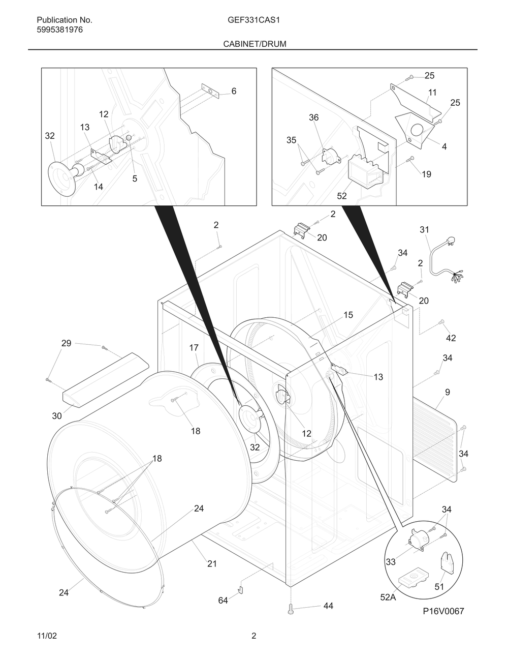 Cabinet/Drum Diagram and Parts List for GEF331CAS1  Frigidaire Dryer