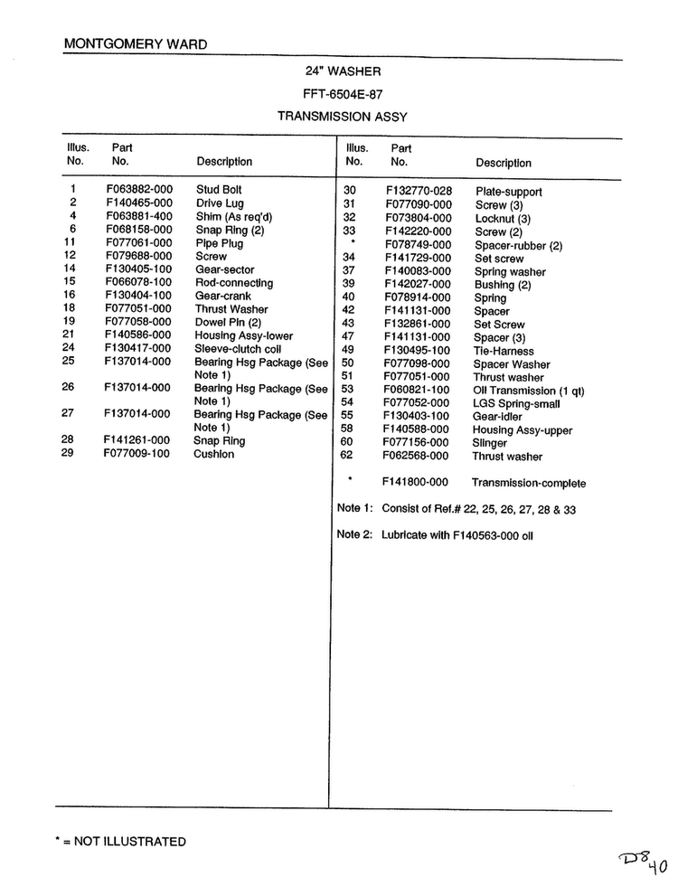 Transmission Assembly Page 2 Diagram and Parts List for 6504E  Frigidaire Washer