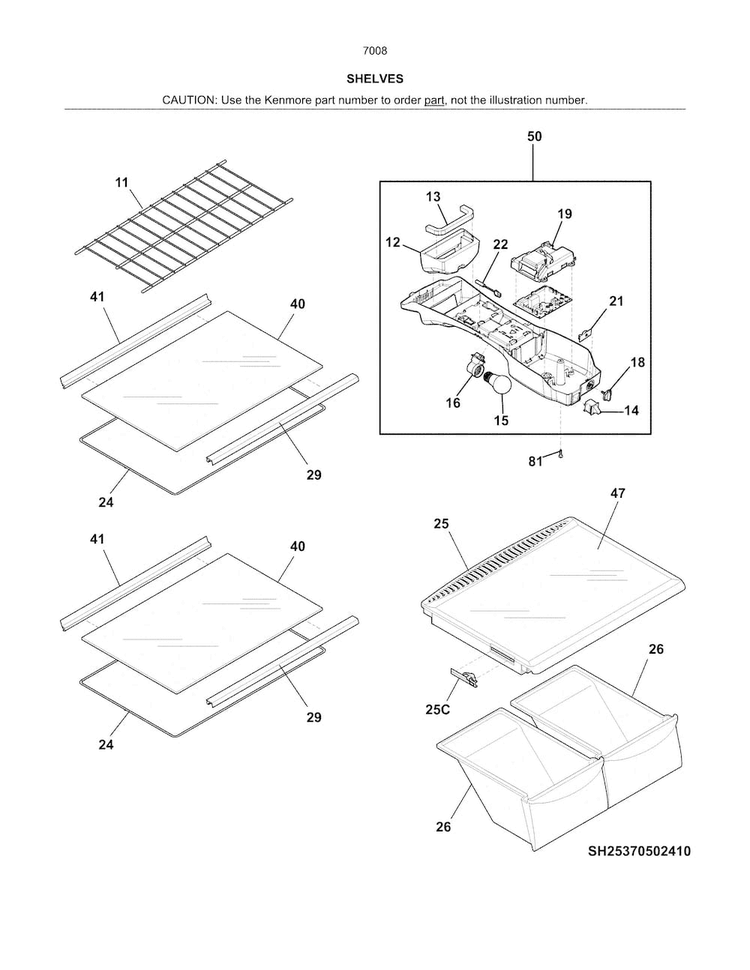 Shelves Diagram and Parts List for 25370085610  Kenmore Refrigerator