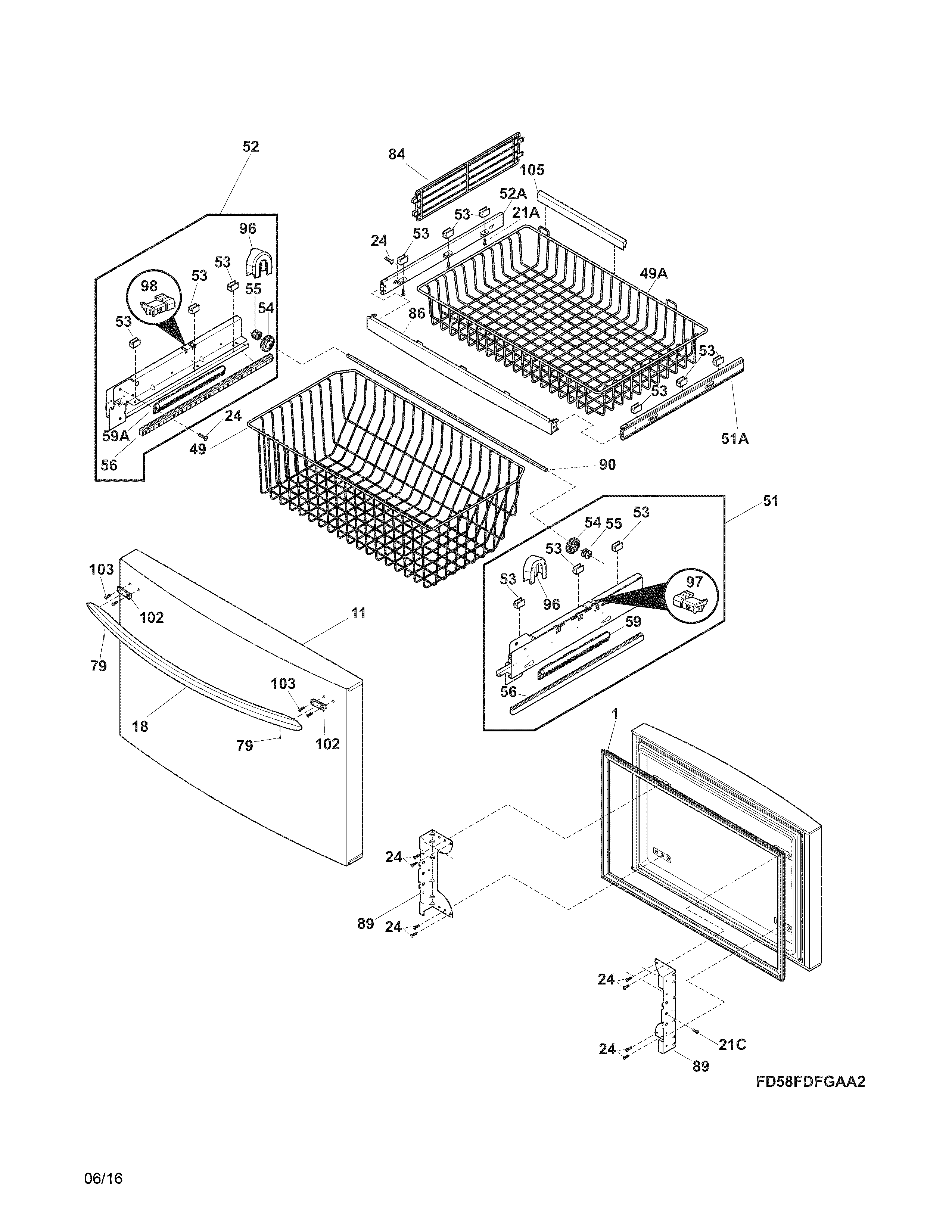 Freezer Drawer, Baskets Diagram and Parts List for FGUN2642LE6  Frigidaire Refrigerator