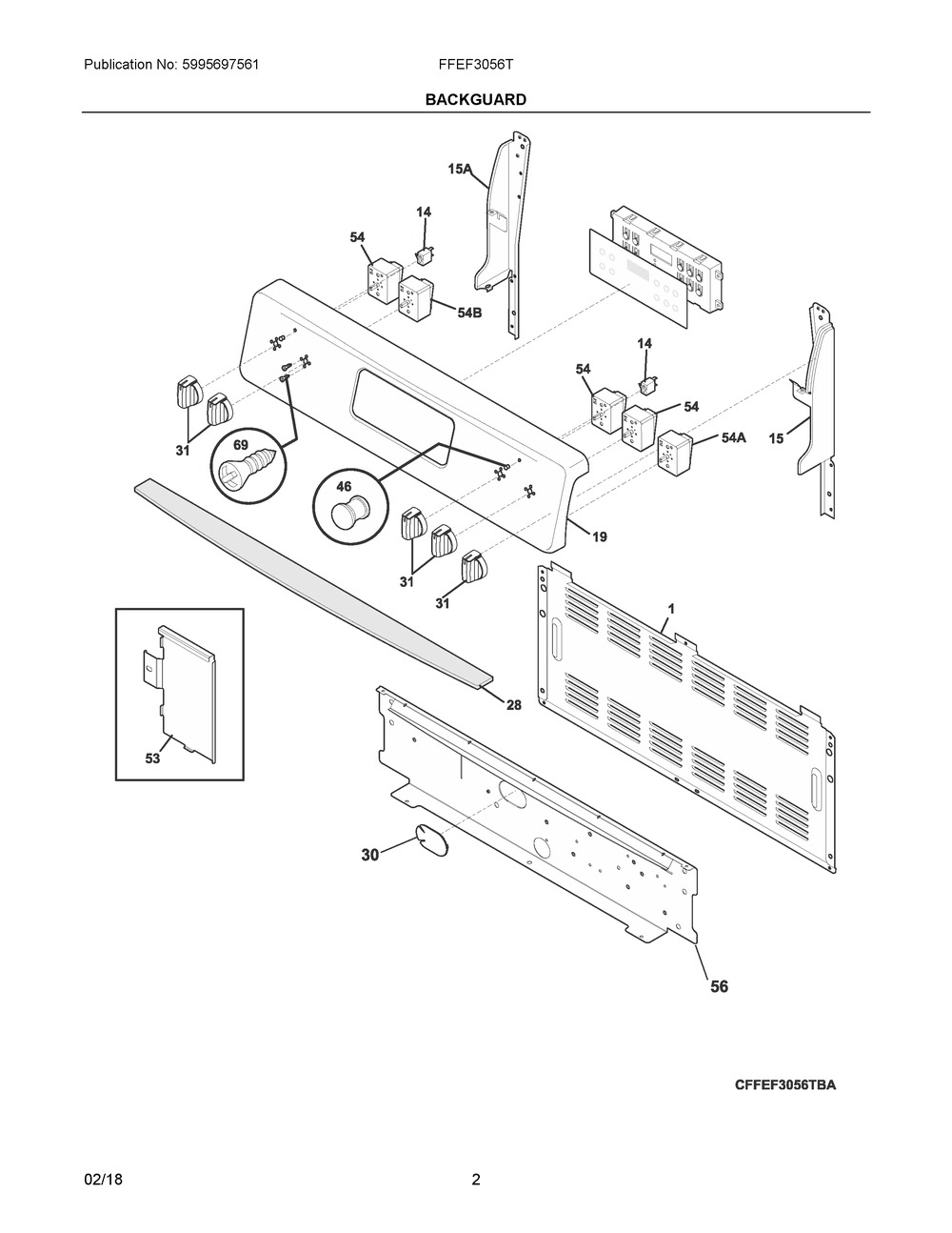Backguard Diagram and Parts List for FFEF3056TBB  Frigidaire Range