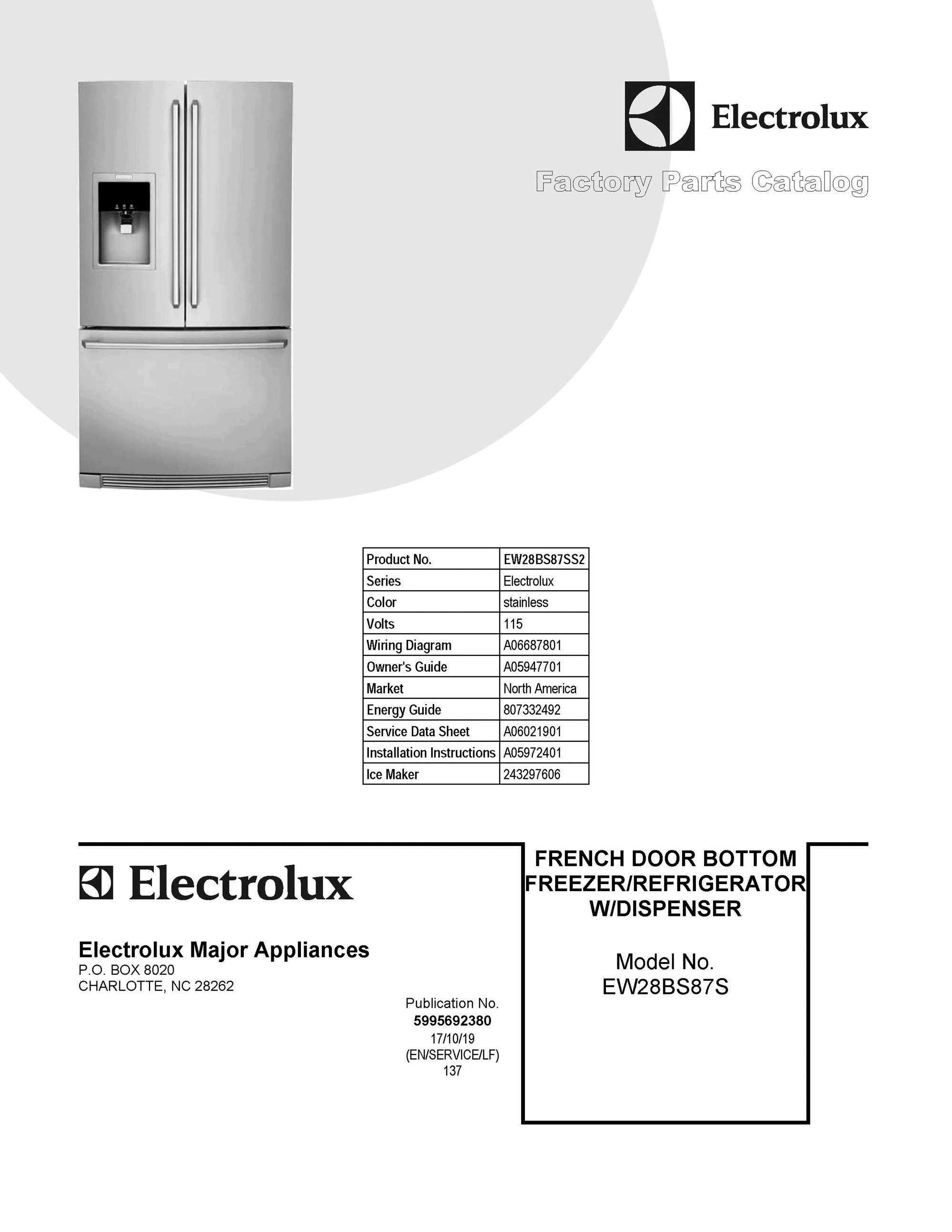 01 - COVER SHEET Diagram and Parts List for EW28BS87SS2  Frigidaire Refrigerator