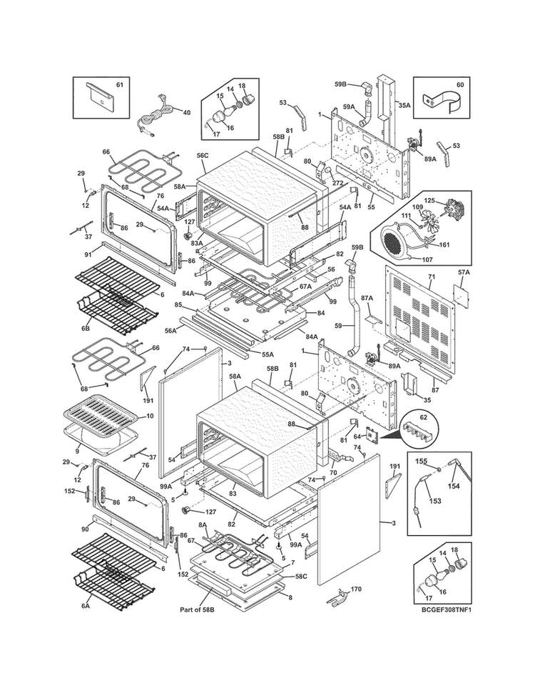 Body Diagram and Parts List for CGEF308TNF2  Frigidaire Range