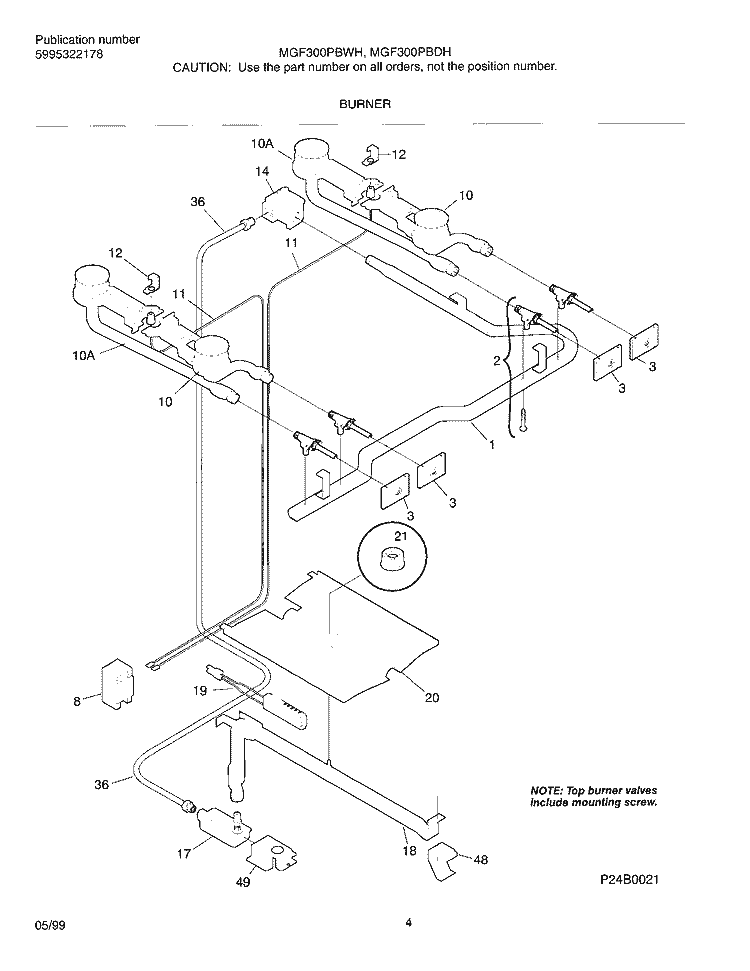BURNER Diagram and Parts List for MGF300PBDH  Frigidaire Range