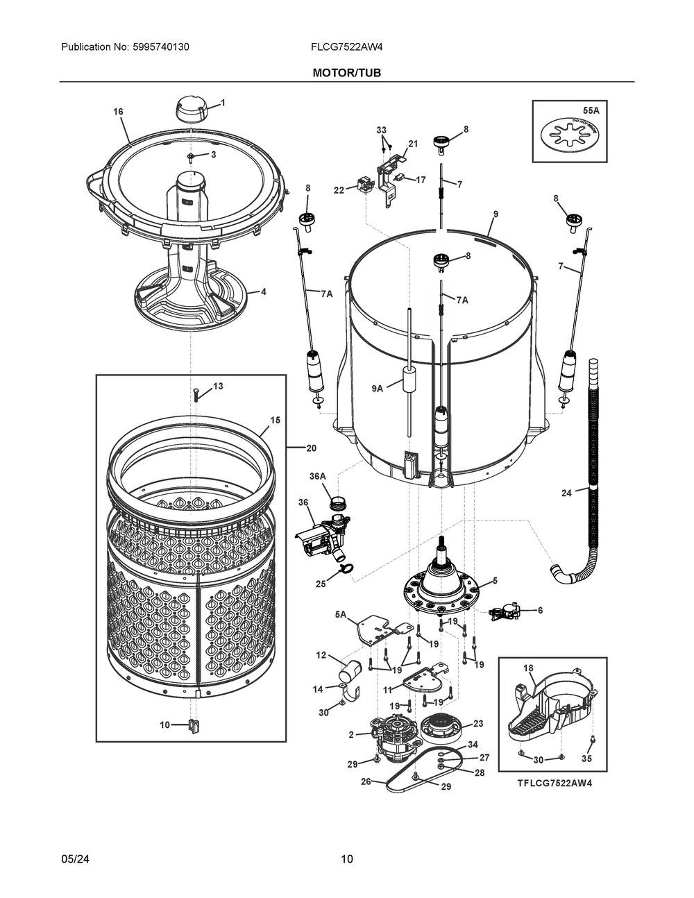 Motor/Tub Diagram and Parts List for FLCG7522AW4  Frigidaire Washer Dryer Combo