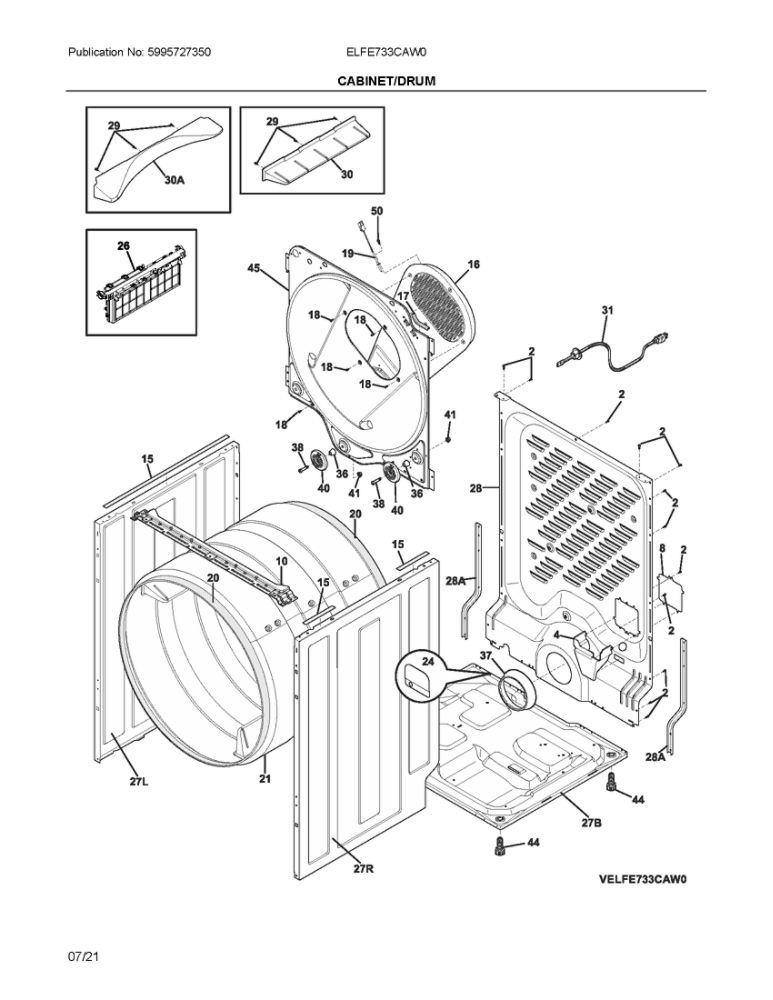 Cabinet/Drum Diagram and Parts List for ELFE733CAW0  Frigidaire Dryer
