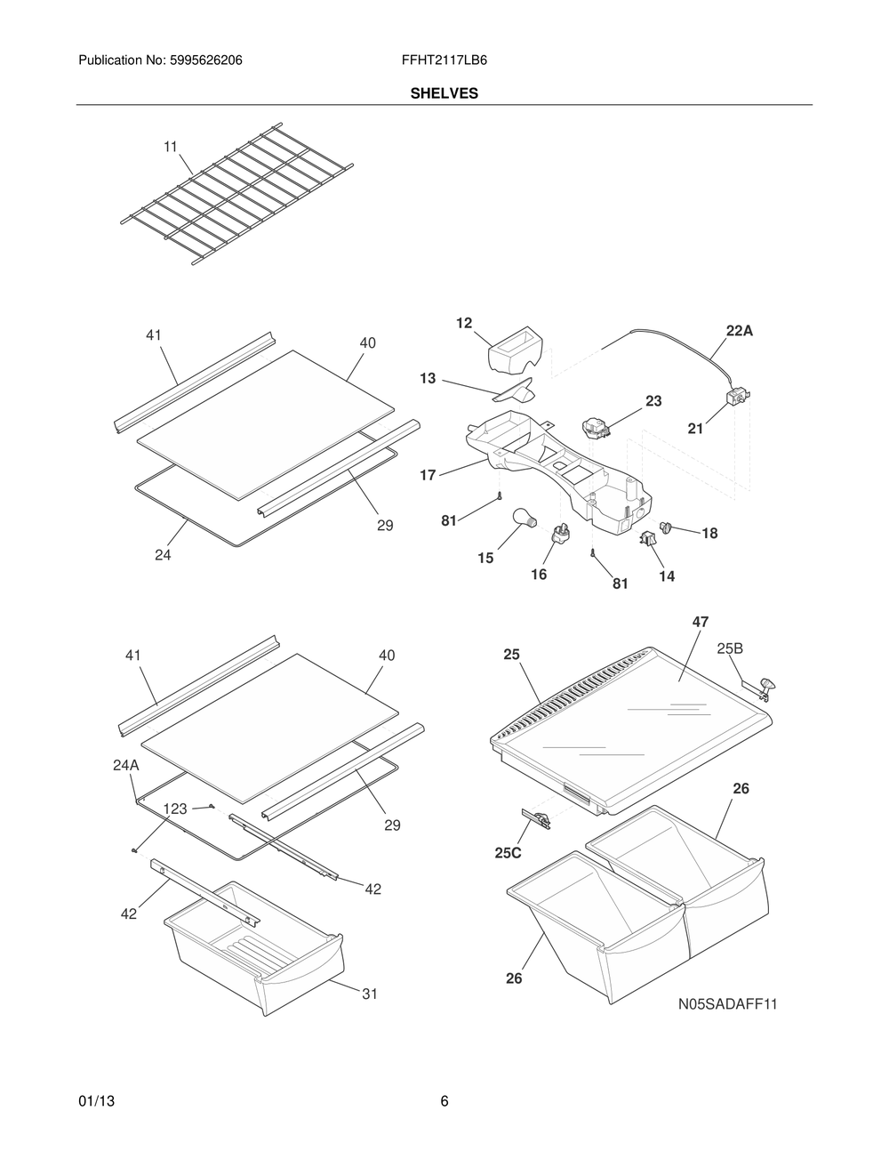 Shelves Diagram and Parts List for FFHT2117LB6  Frigidaire Refrigerator