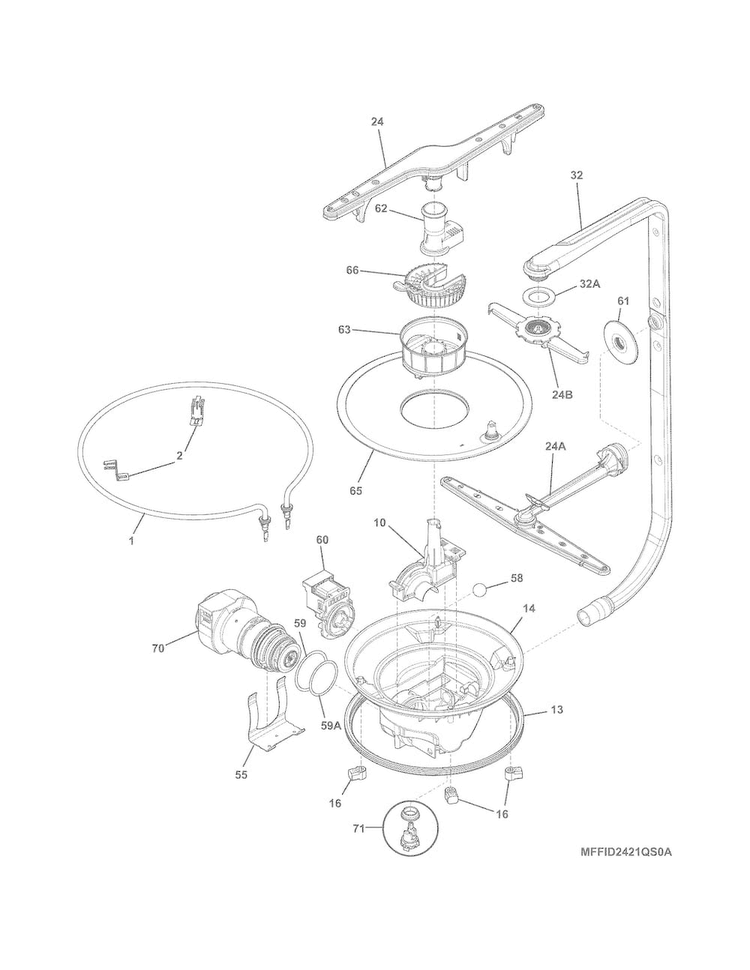 Motor & Pump Diagram and Parts List for FFID2423RS1A  Frigidaire Dishwasher