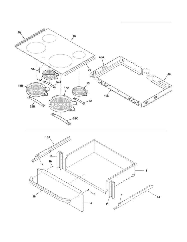 Top/drawer Diagram and Parts List for FFES3025LSE  Frigidaire Range