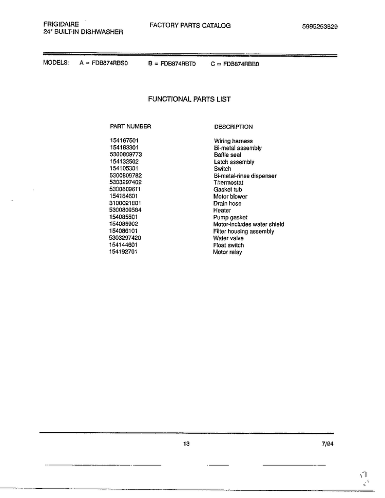 Functional Parts Diagram and Parts List for 787  Frigidaire Dishwasher