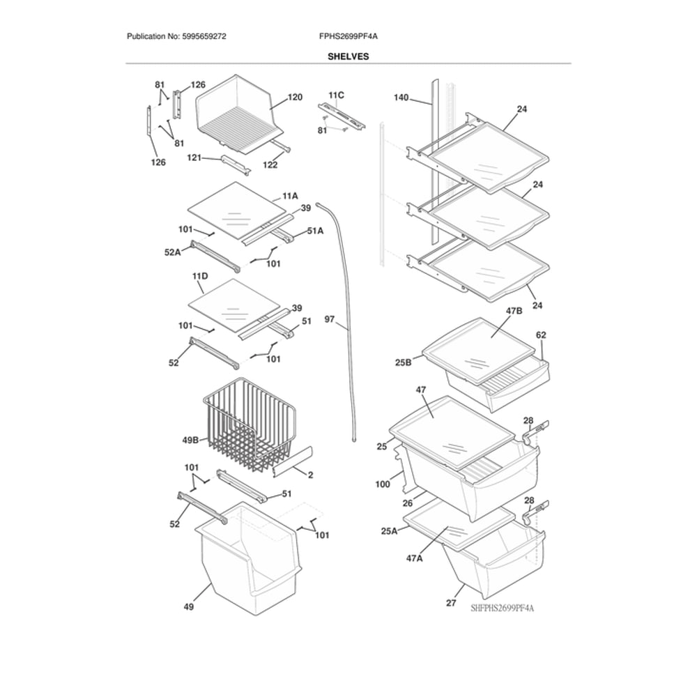Shelves Diagram and Parts List for FPHS2699PF4A  Frigidaire Refrigerator