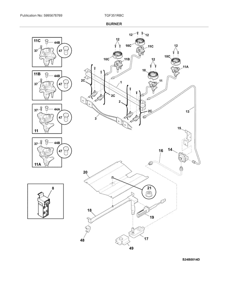 Burner Diagram and Parts List for TGF351RBC  Tappan Range