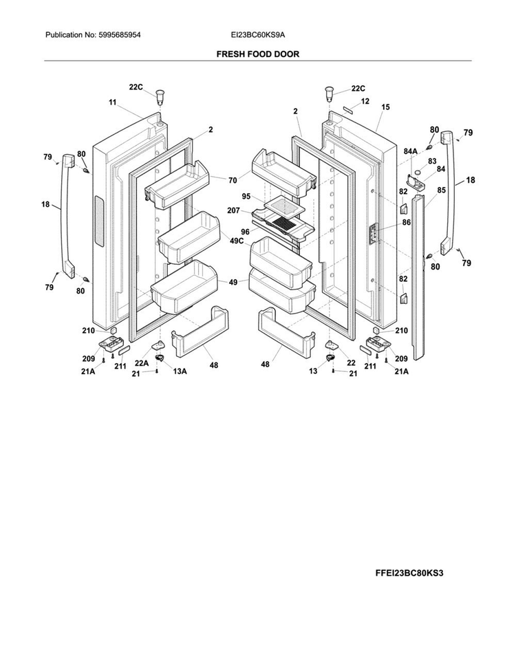 Fresh Food Door Diagram and Parts List for EI23BC60KS9A  Electrolux Refrigerator