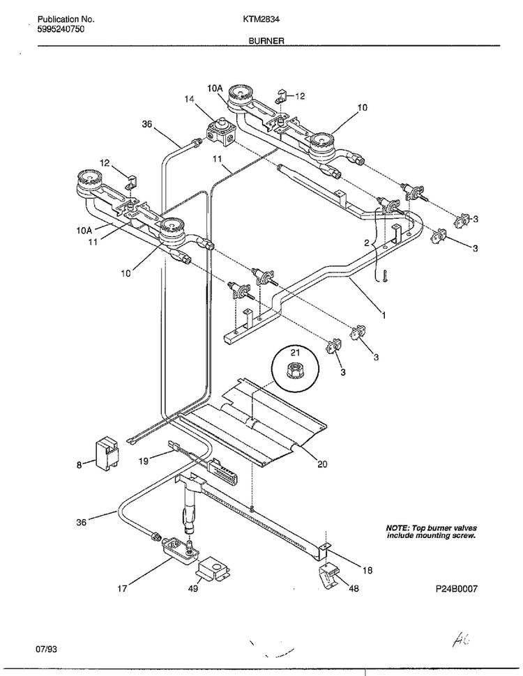 Burner Diagram and Parts List for 2834-80A  Frigidaire Range