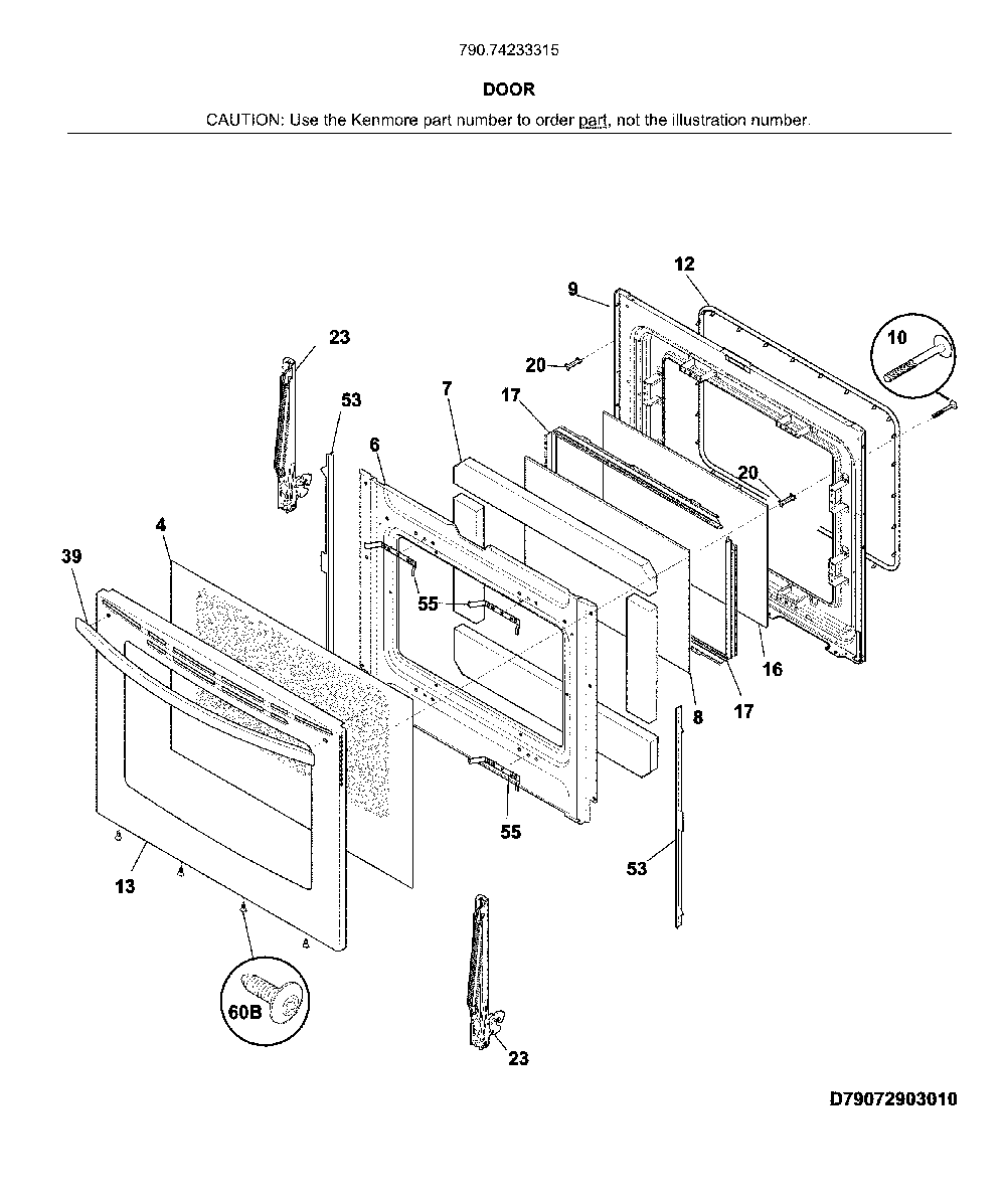 Door Diagram and Parts List for 79074233315  Kenmore Range