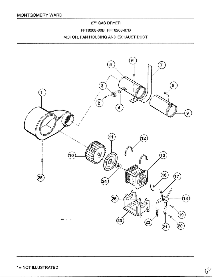 Motor/fan Housing And Exhaust Duct Diagram and Parts List for 8208B  Frigidaire Dryer