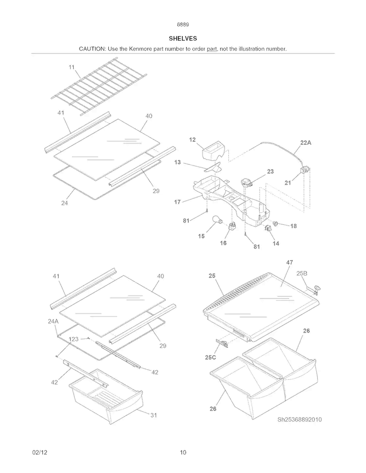 Shelves Diagram and Parts List for 25368894012  Kenmore Refrigerator
