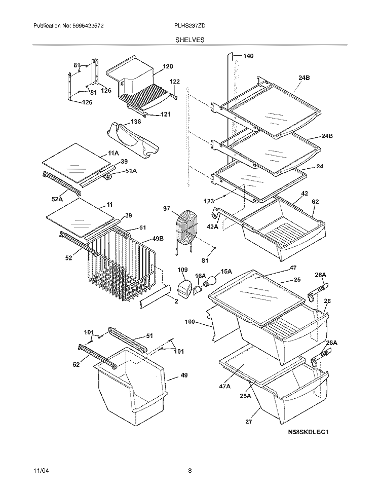 SHELVES Diagram and Parts List for PLHS237ZDB7  Frigidaire Refrigerator