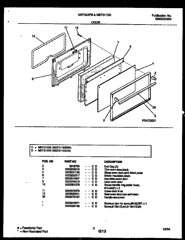DOOR PARTS Diagram and Parts List for MEF311SBDA  Frigidaire Range
