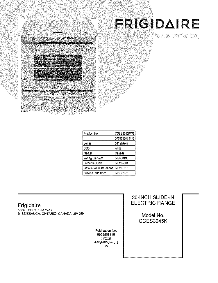 COVER Diagram and Parts List for CGES3045KW3  Frigidaire Wall Oven