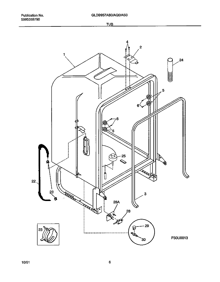 TUB Diagram and Parts List for GLDB957AQ0  Frigidaire Dishwasher