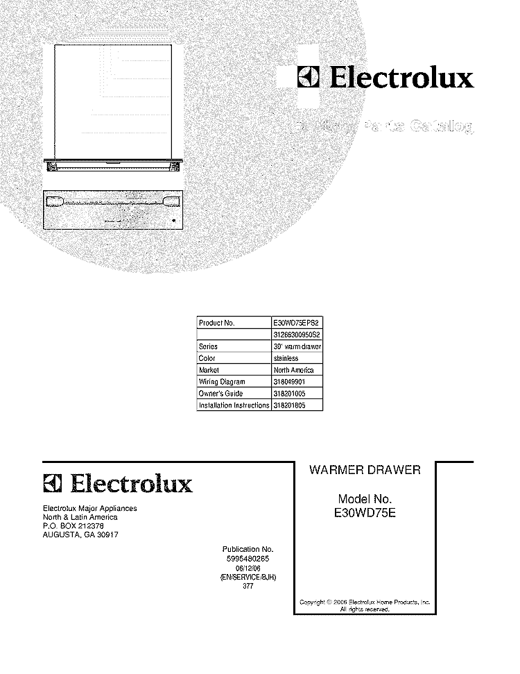 COVER Diagram and Parts List for E30WD75EPS2  Electrolux Warming Drawer