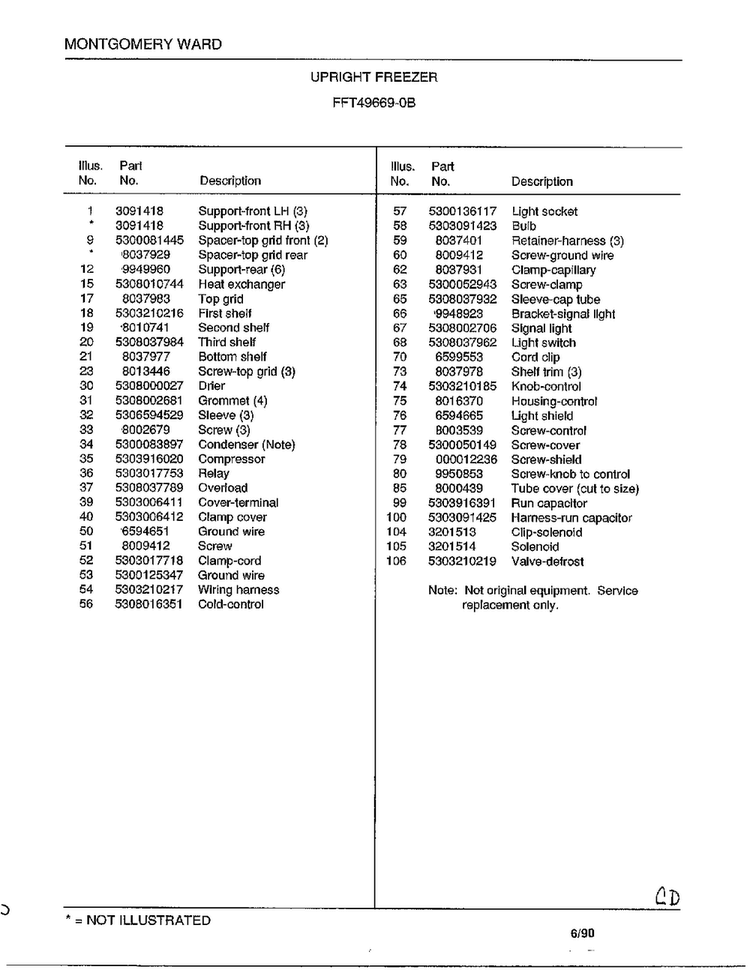 Upright Freezer Page 6 Diagram and Parts List for 49669B  Frigidaire Freezer