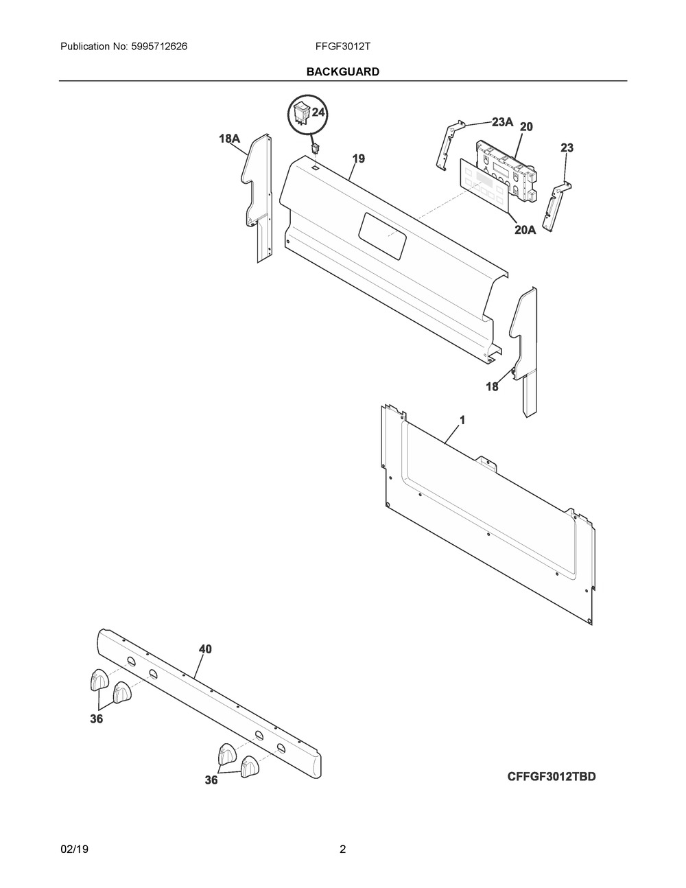Backguard Diagram and Parts List for FFGF3012TWD  Frigidaire Range