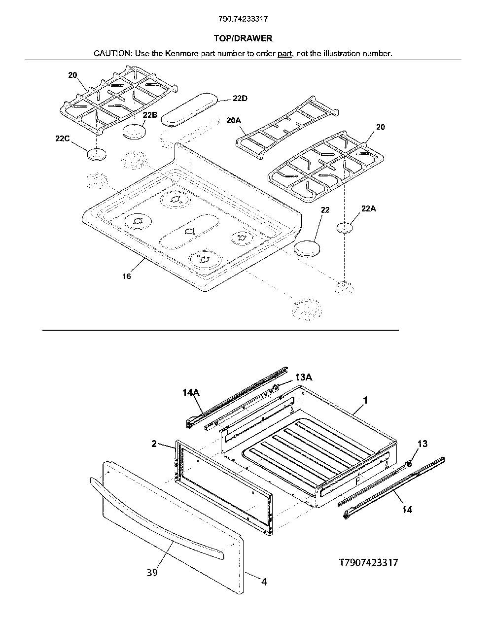 Top/drawer Diagram and Parts List for 79074233317  Kenmore Range