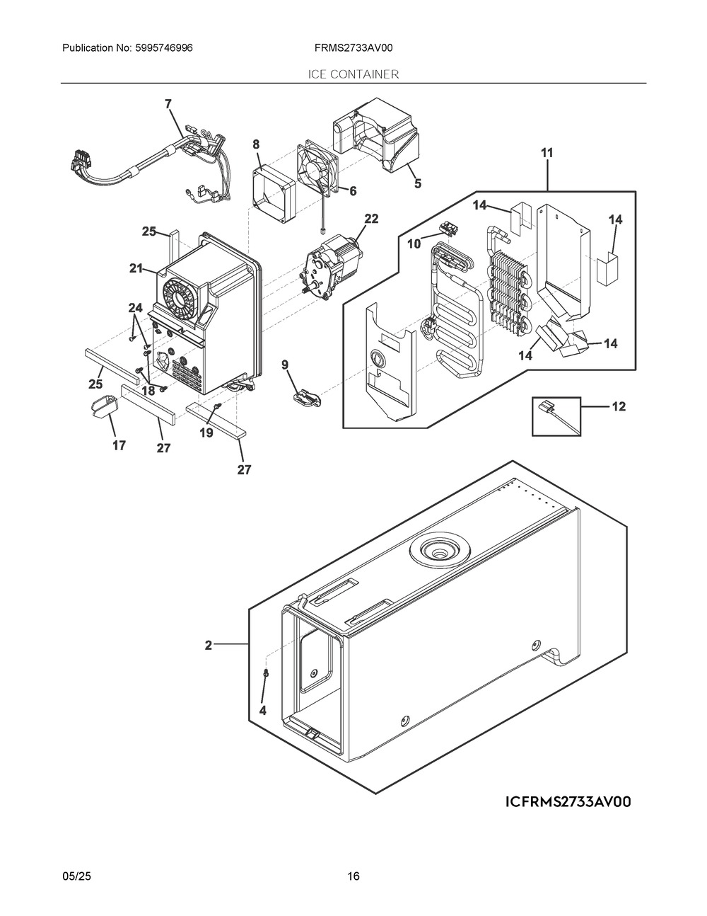 Ice Container Diagram and Parts List for FRMS2733AV00  Frigidaire Refrigerator