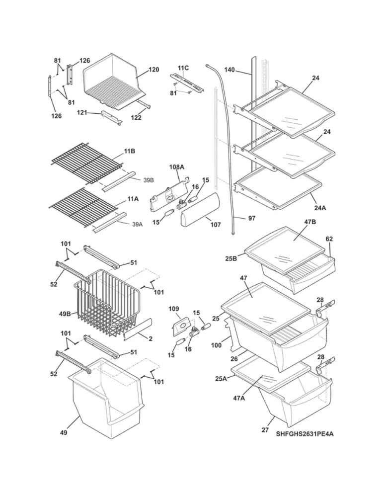 Shelves Diagram and Parts List for FGHS2631PF4A  Frigidaire Refrigerator