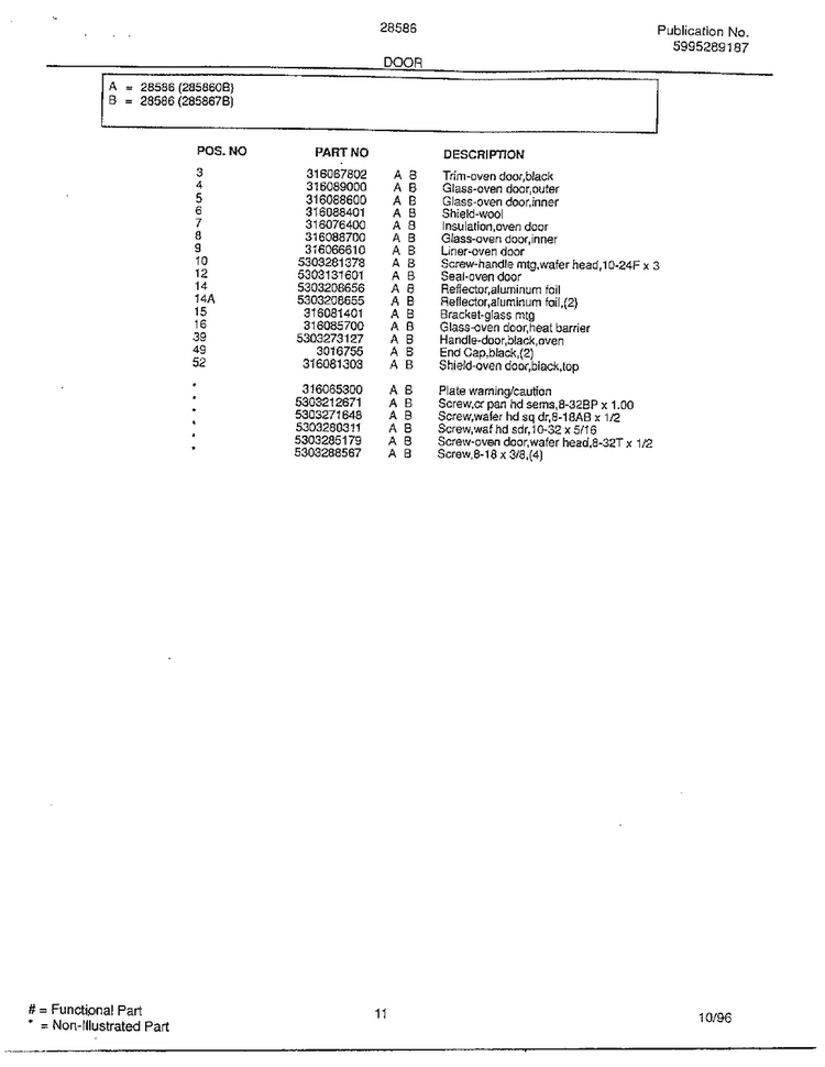 Door Page 2 Diagram and Parts List for 285860B  Frigidaire Range